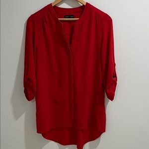 Women’s Blouse Red Small Oversized Mandarin Collar Button Down High Low Hem